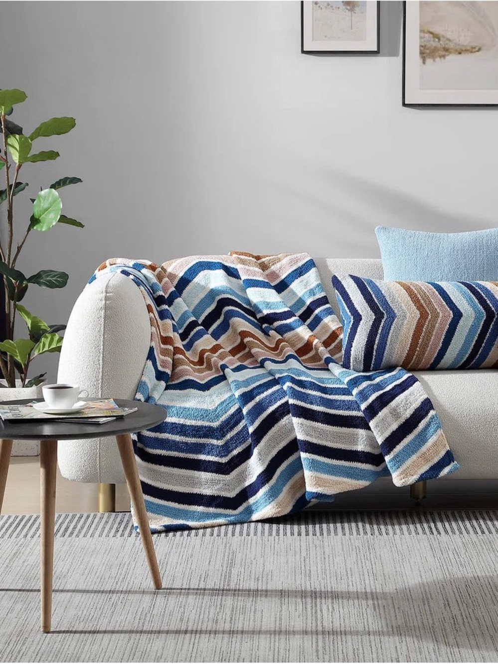 Striped Blue & Cream Coastal Throw Blanket - Picture 2 of 8